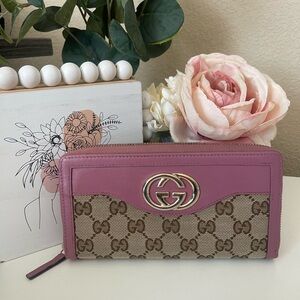 Gucci GG Canvas Britt Continental Zip-Around Wallet Pink Leather Trim w/coa